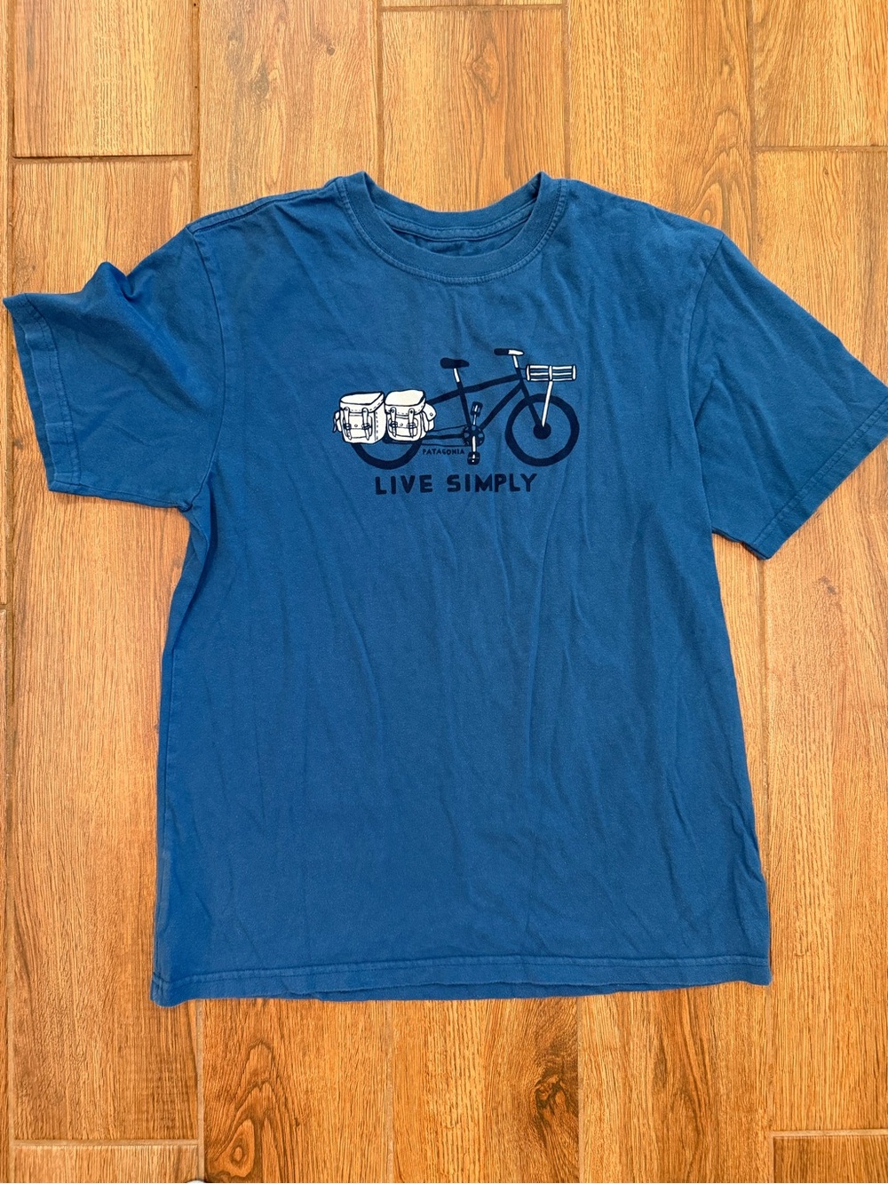 Patagonia Blue 'Live Simply' Bicycle Graphic Tee / men’s small